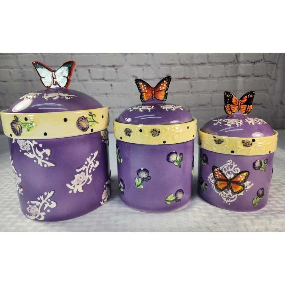 Set of 3 Purple Flour / Sugar Canisters / Jars with Butterflies 5", 5.5" and 6"